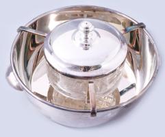 Ezüstözött kaviártartó üvegbetéttel, eredeti gyári dobozában. Manucfatura Wolff Soppil. d:20cm, m:12...