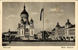 1941 Kolozsvár, Cluj; Hitler Adolf tér, Országzászló, ortodox székesegyház / square, Hungarian flag, Orthodox cathedral (kis szakadás / small tear)