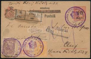 1920 Kolozsvári felülnyomású díjjegyes levelezőlap 15 román bélyeggel cenzúrás ajánlott helyi küldeményként