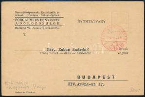 1946.05.24. (16. díjszabás) Nyomtatvány készpénzzel bérmentesítve, Kabos Endre olimpiai bajnok vívó özvegyének címezve