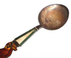 cca 1960 Zománcozott medve figurával díszített ezüst (Ag) gyermek kanál, jelzett, kopott, h: 14,5 cm...