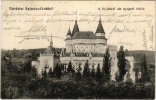 1913 Bajmócfürdő, Bojnické kúpele (Bojnice); A bajmóci vár nyugati oldala. Gabits B. kiadása / castle + "PRIVIGYE - ÉRSEKÚJVÁR 71 H" vasúti mozgóposta bélyegző (ázott sarok / wet corner)