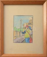 CSJ 89 jelzéssel: Róma, Angyalvár. Színes ceruza, üvegezett fakeretben, 10×7 cm