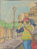 CSJ 89 jelzéssel: Róma, Angyalvár. Színes ceruza, üvegezett fakeretben, 10×7 cm