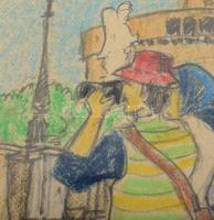 CSJ 89 jelzéssel: Róma, Angyalvár. Színes ceruza, üvegezett fakeretben, 10×7 cm