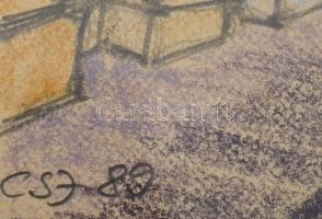 CSJ 89 jelzéssel: Róma, Angyalvár. Színes ceruza, üvegezett fakeretben, 10×7 cm