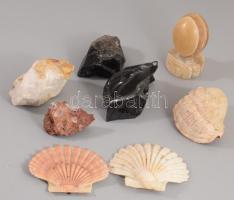 8 darabos ásvány és kagyló tétel, közte obszidián, achát, opál, jáspis, klf méretben,