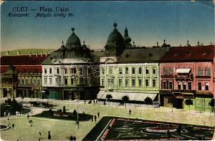 Kolozsvár, Cluj; Mátyás király tér, Haraszthy Jenő üzlete, Erdélyi Bank / square, shops, bank + "1940 Kolozsvár visszatért" So. Sptl. (EK)