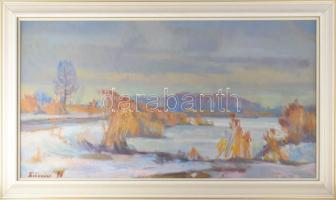Babinetz, I.M. (-), orosz festő: Téli táj, 1996. Olaj, farost, dekoratív fakeretben, 46,5×85,5 cm