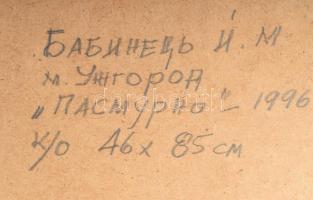 Babinetz, I.M. (-), orosz festő: Téli táj, 1996. Olaj, farost, dekoratív fakeretben, 46,5×85,5 cm