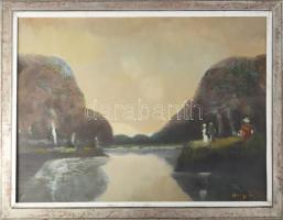 Nagy Ernő Sándor (1926-2013): Vízpart. Olaj, farost. Jelzett. Hátoldalán autográf felirattal. Fakeretben. 56,5×75,5 cm.