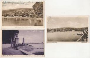 Balatonalmádi - 3 db régi képeslap: irredenta örökmécses, parti részlet, Fövenyfürdő / 3 pre-1945 postcards