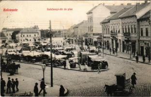 1907 Kolozsvár, Cluj; Széchenyi tér és piac, lakatos műhely, Burgya Adolf üzlete / square and market, locksmith workshop, shops (ázott / wet damage)