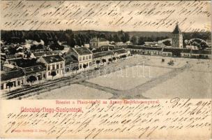 1905 Nagyszalonta, Salonta; Piactér, Arany emléktorony, Reich Jakab üzlete, zsinagóga. Székely J. Jenő kiadása / market square, tower, shops, synagogue (ázott sarok / wet corner)