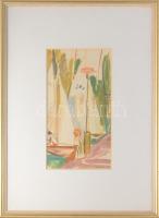 Kováts Nagy Ira (1921-2008): Balatoni vitorláskikötő. Akvarell, papír, jelzett, plexiüvegezett keretben, üvegen hajszálrepedésekkel, 40×21,5 cm