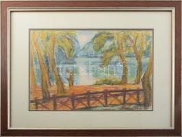 Tábori József (1928-2001): Tatai tó. Kréta, papír. Jelzett. Üvegezett fakeretben, 21x32 cm