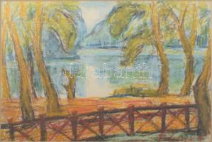 Tábori József (1928-2001): Tatai tó. Kréta, papír. Jelzett. Üvegezett fakeretben, 21x32 cm