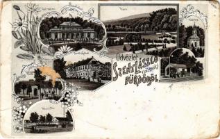 Püspökfürdő, Szentlászlófürdő, Baile 1 Mai, Episcopiei (Nagyvárad, Oradea); gyógyszalon, park, kápolna, indóház, vasútállomás, fürdő épület, Lőrinc fürdő, Népszálló, szálloda. Sonnenfeld Adolf kiadása (Nagyvárad) / spa, park, chapel, railway station, bath, hotel. Art Nouveau, floral (felületi sérülés / surface damage)