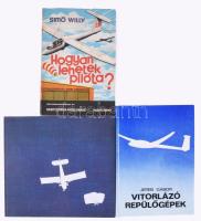3 db repüléssel kapcsolatos könyv: Angyal László: Hullámzó láthatár. Bp., 1981, Zrínyi. Kiadói egészvászon-kötés. + Jereb Gábor: Vitorlázó repülőgépek. Bp., 1977, Műszaki Könyvkiadó. Kiadói kartonált papírkötés. + Simó Willy: Hogyan lehetek pilóta? Haditechnika fiataloknak. Bp., 1977, Zrínyi. Kiadói tűzött papírkötés, a borítón ázásnyommal.