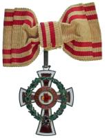 1914. "A Vörös Kereszt II. Osztályú Díszjelvénye hadidíszítménnyel" jelzett, zománcozott Ag kitüntetés női csokorszalaggal, "BBA" gyártói jelzéssel T:VF sérült, hátoldali medál hiányzik, kis zománchiba Hungary 1914. "Red Cross, Badge of Honour, 2nd Class, with a war decoration" hallmarked, enamelled Ag decoration with women's bouquet ribbon, with maker's mark "BBA" C:VF damaged, medal missing from tha back, small enamel error NMK 283