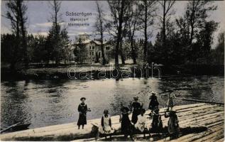 1910 Szászrégen, Sächsisch-Regen, Reghin; Maros part, Horváth kastély. Bischitz Ig. kiadása / Mures riverside, castle (EK)
