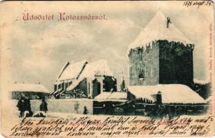 1898 Kolozsvár, Cluj; Református templom, Bethlen-bástya télen. Kováts P. fiai kiadása, Dunky fivérek felvétele után / Calvinist church, bastion tower in winter (EM)