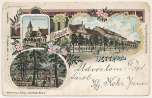 1899 (Vorläufer) Detta, Ghedu, Deta; Régi római katolikus templom, Fő utca, Milleniumi csarnok a parkban. Bonfert Károly kiadása. Schwidernoch Károly műintézete (Bécs) / Catholic church, main street, restaurant, hall. Art Nouveau, floral, litho (fa)