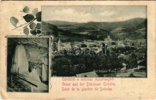 1900 Dobsina, Dobschau; Üdvözlet a dobsinai jégbarlangból. A város látképe, jégbarlang, belső, kút. E. Hanvai kiadása / Gruss aus der Dobsinaer Eishöhle. Stadt, Brunnen / general view, ice cave, interior (Rb)