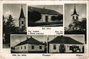 1943 Tiszaigar, Református templom és iskola, Hősök szobra, Római katolikus templom és iskola, Hangya szövetkezet üzlete és saját kiadása (EB)