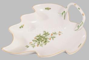 Hollóházi Erika mintás levél alakú kínáló, jelzett, hibátlan, 23x18 cm