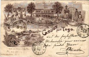 1897 Aného, Klein Popo; Postboten in Klein Popo, Landeshauptmannschaft in Sebbe, Rhede und Strand M. Paul (Bremen) / Togo folklore, beach, post, State Government. Art Nouveau, floral, litho (b)