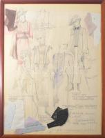 Jánoskúti Márta (1942-): Esztergályos Cecília készített jelmeztervek, Édes Anna c. film, 1989. Ceruza, kréta, textil applikáció, papír, jelzett, Jánoskúti Márta autográf ajánlásával, üvegezett fakeretben. 67,5x46 cm