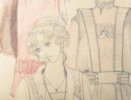 Jánoskúti Márta (1942-): Esztergályos Cecília készített jelmeztervek, Édes Anna c. film, 1989. Ceruz...