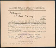 1902 Az Aradi Nemzeti Szövetség Elnökségének értesítője Pekár Károly részére, hogy igazgatósági tagnak választották