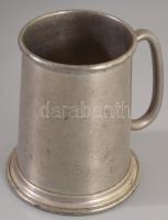 Jelzett ón korsó, üveg aljjal, m: 12 cm