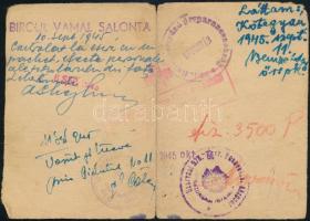 1945 Orosz nyelvű igazolás magyar hazafelé tartó hadifogoly részére, hátoldalon számos román és magy...