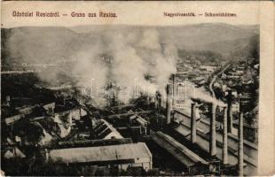 Resicabánya, Resicza, Recita, Resita; Nagyolvasztók, vasgyár. Boskovitz Irén kiadása / Schmelzhütten / ironworks, iron factory, smelters (ázott / wet damage)