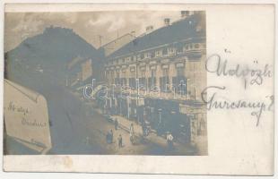 Déva, Fő utca, vár, Pap Jenő, Lengyel Dániel és Schuleri Fritz üzlete / main street with shops, castle. Péntek E. photo (fl)