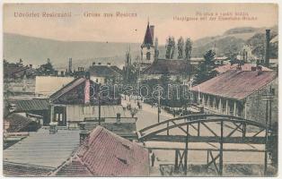 Resica, Resita; Fő utca a vasúti híddal. Boskowitz J. kiadása / Hauptgasse mit der Eisenbahn-Brücke / main street, railway bridge (ázott / wet damage)