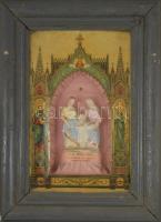 Apácamunka. 20. sz. eleje, magyar, üvegezett keretben A Szent Család szobrával, 75x54 cm