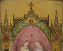 Apácamunka. 20. sz. eleje, magyar, üvegezett keretben A Szent Család szobrával, 75x54 cm