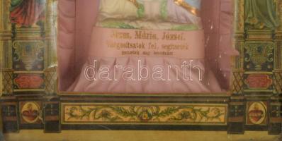 Apácamunka. 20. sz. eleje, magyar, üvegezett keretben A Szent Család szobrával, 75x54 cm