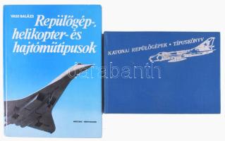 2 db repülőgépekről szóló könyv: Vass Balázs: Repülőgép-, helikopter- és hajtóműtípusok. Bp., 1974, Műszaki Könyvkiadó. Fekete-fehér képekkel illusztrálva. Kiadói kartonált papírkötés. + Nagyváradi Sándor - Varsányi Ernő: Katonai repülőgépek. Típuskönyv. Bp., 1976, Zrínyi. Kiadói egészvászon-kötés, kisebb ázásnyomokkal.