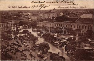 1906 Szabadka, Subotica; Látkép a Fő térről, piac, Heumann Mór üzlete, villamos. Hazai ipar! / view from the main square, market, shop, tram