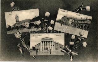 1906 Szabadka, Subotica; Városháza, pályaudvar, vasútállomás, Pest szálloda, montázs tulipánokkal. Szabadkai Antikvárium kiadása / town hall, railway station, hotel, montage with tulips