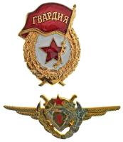 Szovjetunió ~1960-1970. "Szovjet Gárda jelvény" aranyozott, zománcozott fém jelvény csavaros hátlappal (48x36mm) + "I. osztályú repülőgép-vezető jelvény" aranyozott, zománcozott jelvény, csavaros hátlappal (66x29mm) T:AU egyiken patina Soviet Union ~1960-1970. "Badge of the Soviet Guards" gilt, enamelled metal badge with screw back (48x36mm) + "First class pilot badge" gilt, enamelled badge with screw back (66x29mm) C:AU, patina on one