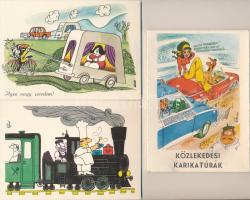 Közlekedési karikatúrák -17 db MODERN humoros grafikai motívum képeslap, saját tokban