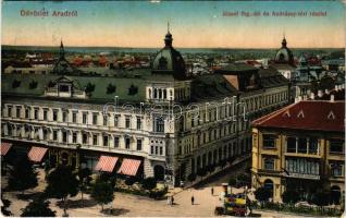 1915 Arad, József főherceg út és Andrássy tér, emeletes autóbusz, Első Magyar Általános Biztosító Társaság, sörcsarnok és étterem. Kerpel Izsó kiadása / square and street, double decker autobus, insurance company, beer hall and restaurant (ázott / wet damage)