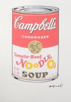 Andy Warhol (1928-1987): Campbell's soup. Ofszet litográfia, papír, jelzett a nyomaton. Kézzel sorszámozott: 63/100, jelzett a nyomaton. Georges Israel editeur - Leo Castellli New York, szárazpecséttel, tanúsítvánnyal. Lapméret 39x59 cm / Ofset Lithography on paper, with certificate 36x36 cm, page size 39x57 cm