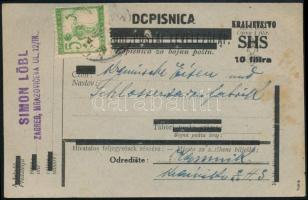 SHS 1919 Horvát nyelvű, felülnyomott díjjegyes levelezőlap, Bodor vizsgálójellel